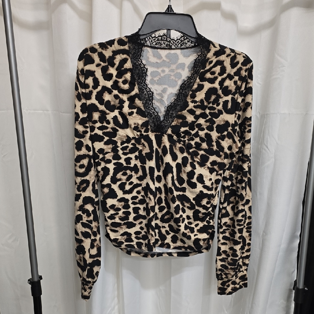 Leopard Print Lace Trim Women's Top -  New!